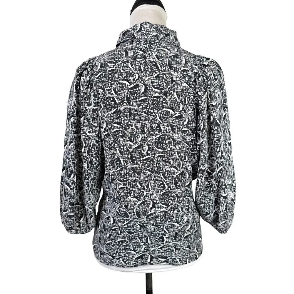 Maple Anthropologie 100% Silk Black White Print Tie Front Relaxed Fit Blouse